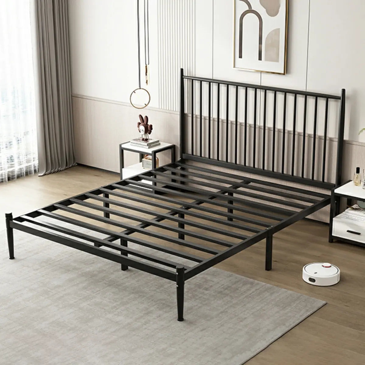 Simple Black Queen Metal Headboard Modern Open-Frame Bed Image - 2