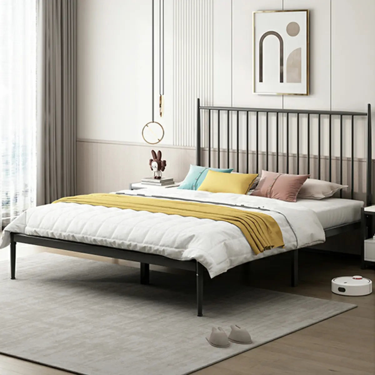 Simple Black Queen Metal Headboard Modern Open-Frame Bed Image - 7