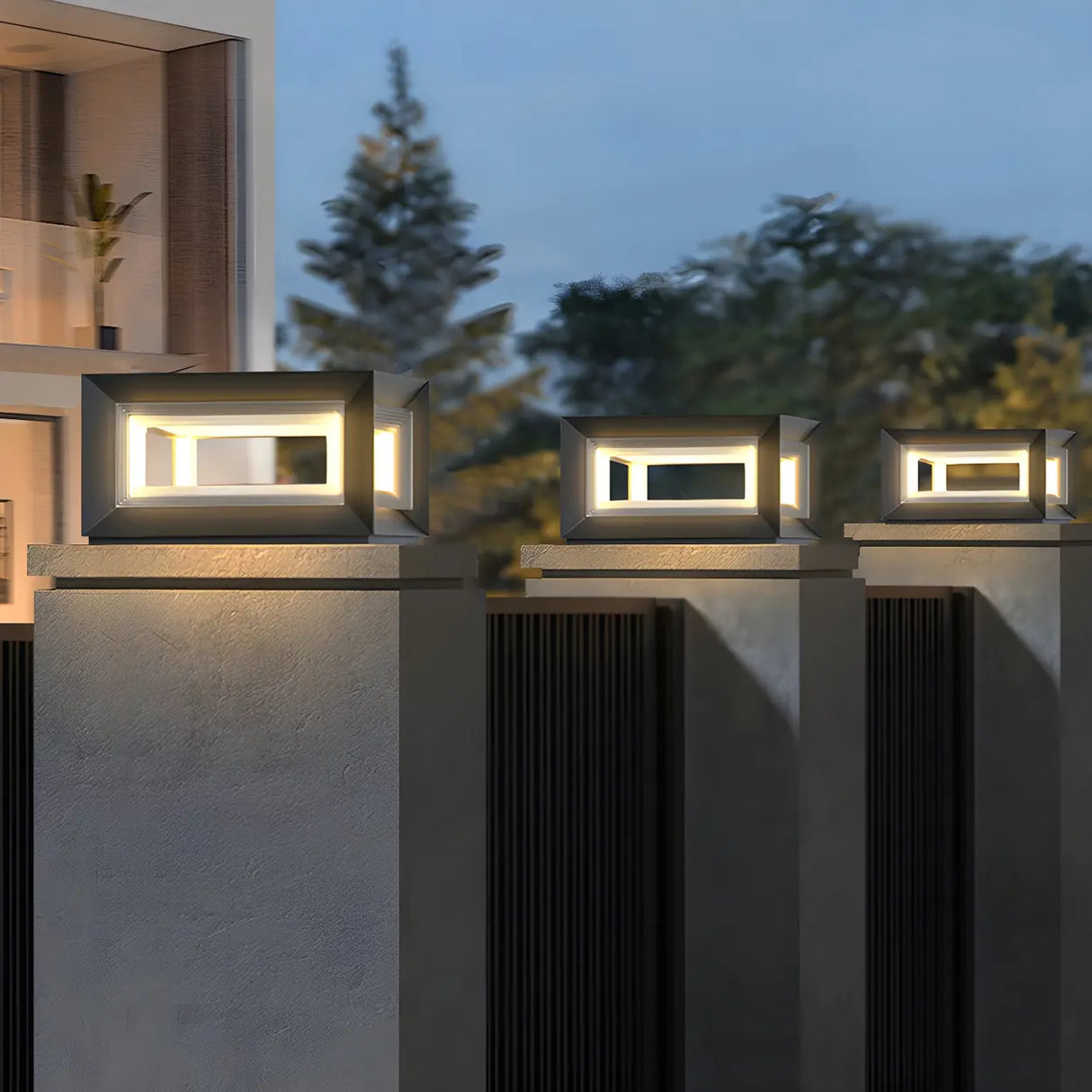 Simple Black Rectangular Metal Frame Post Outdoor Lamp Image - 16