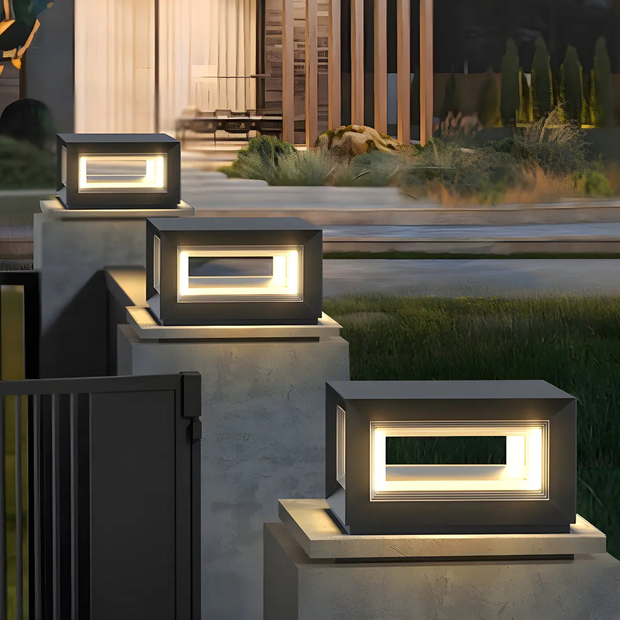 Simple Black Rectangular Metal Frame Post Outdoor Lamp Image - 4
