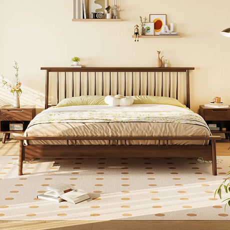 Simple Brown Queen Headboard Rubberwood Open-Frame Bed Image - 1