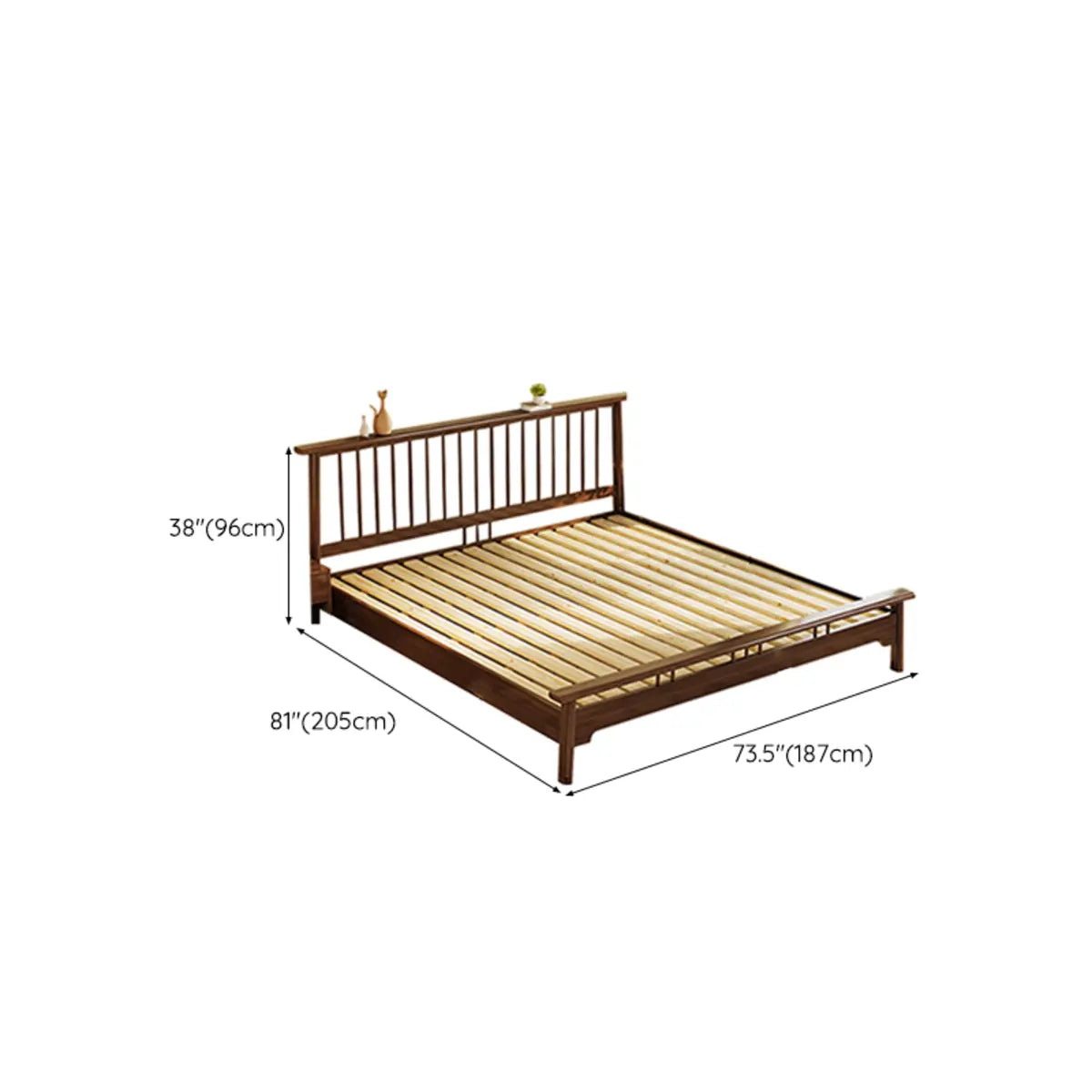 Simple Brown Queen Headboard Rubberwood Open-Frame Bed Image - 12