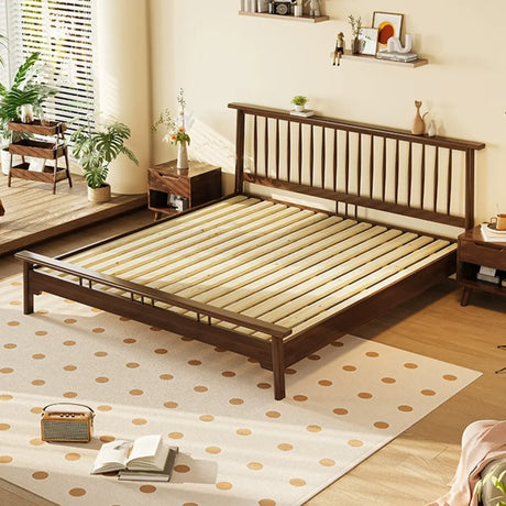 Simple Brown Queen Headboard Rubberwood Open-Frame Bed Image - 2