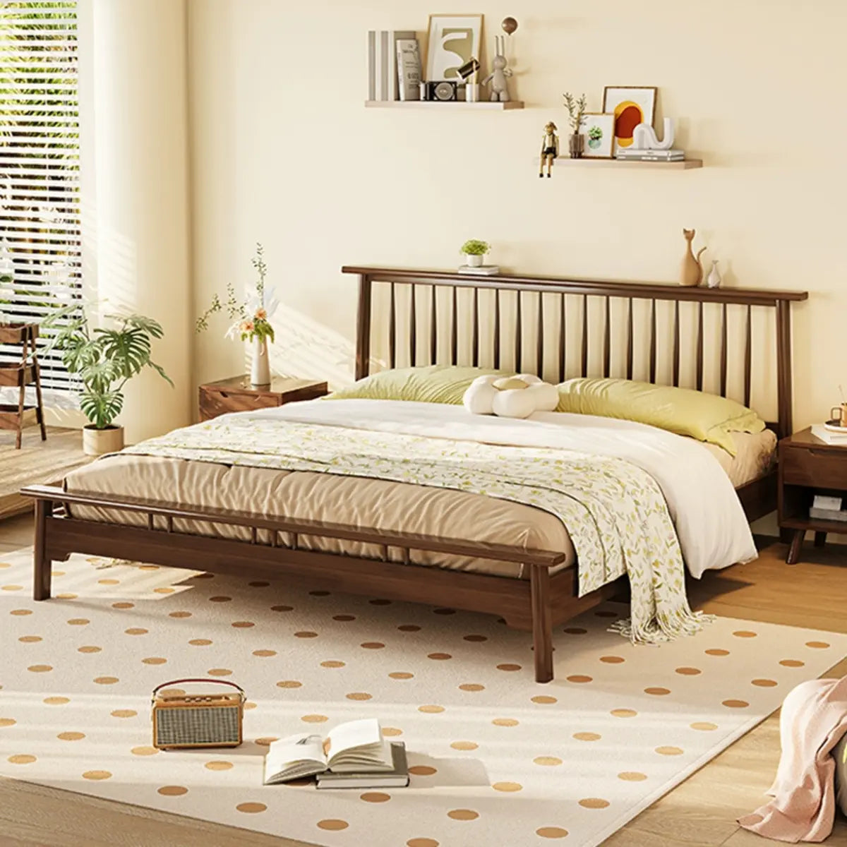 Simple Brown Queen Headboard Rubberwood Open-Frame Bed Image - 3