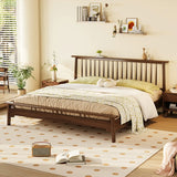 Simple Brown Queen Headboard Rubberwood Open-Frame Bed Image - 3