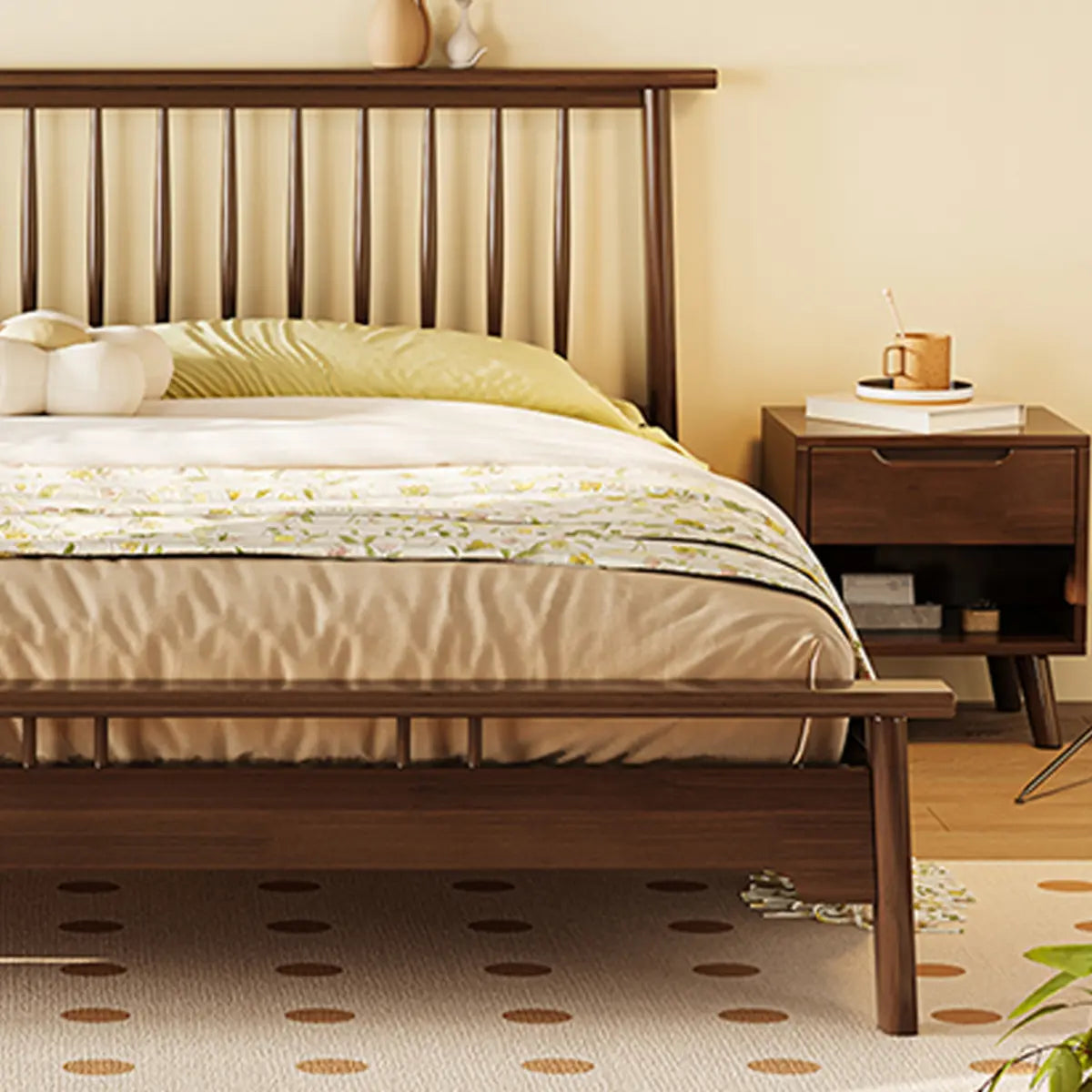 Simple Brown Queen Headboard Rubberwood Open-Frame Bed Image - 4