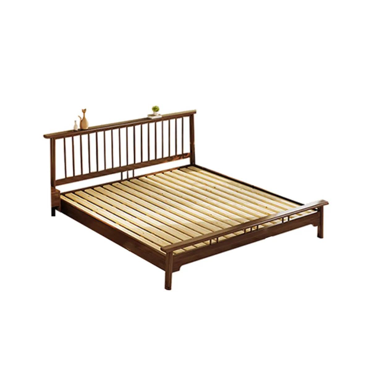 Simple Brown Queen Headboard Rubberwood Open-Frame Bed Image - 5