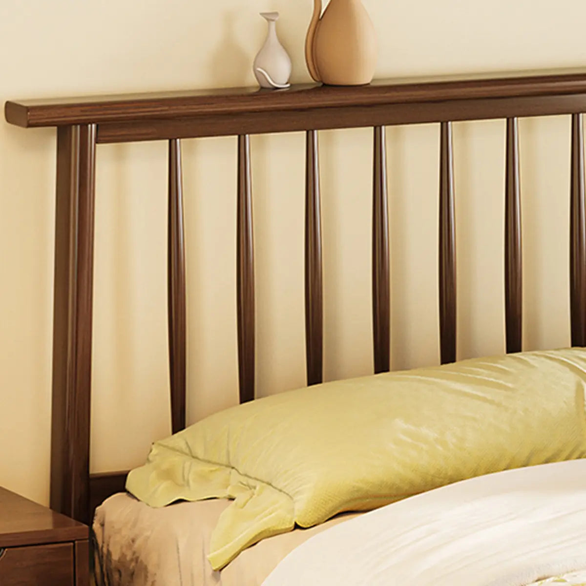 Simple Brown Queen Headboard Rubberwood Open-Frame Bed Image - 7