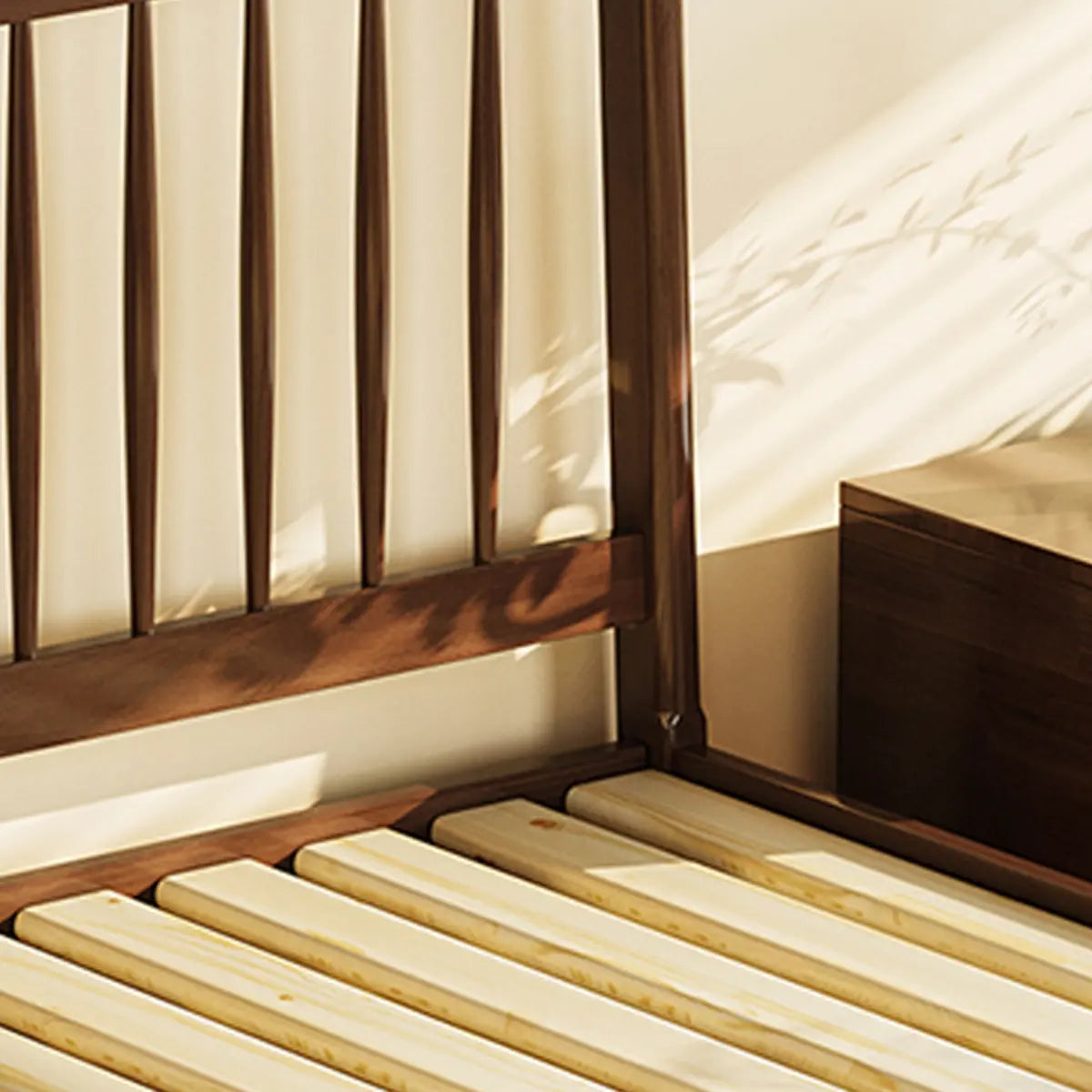 Simple Brown Queen Headboard Rubberwood Open-Frame Bed Image - 8