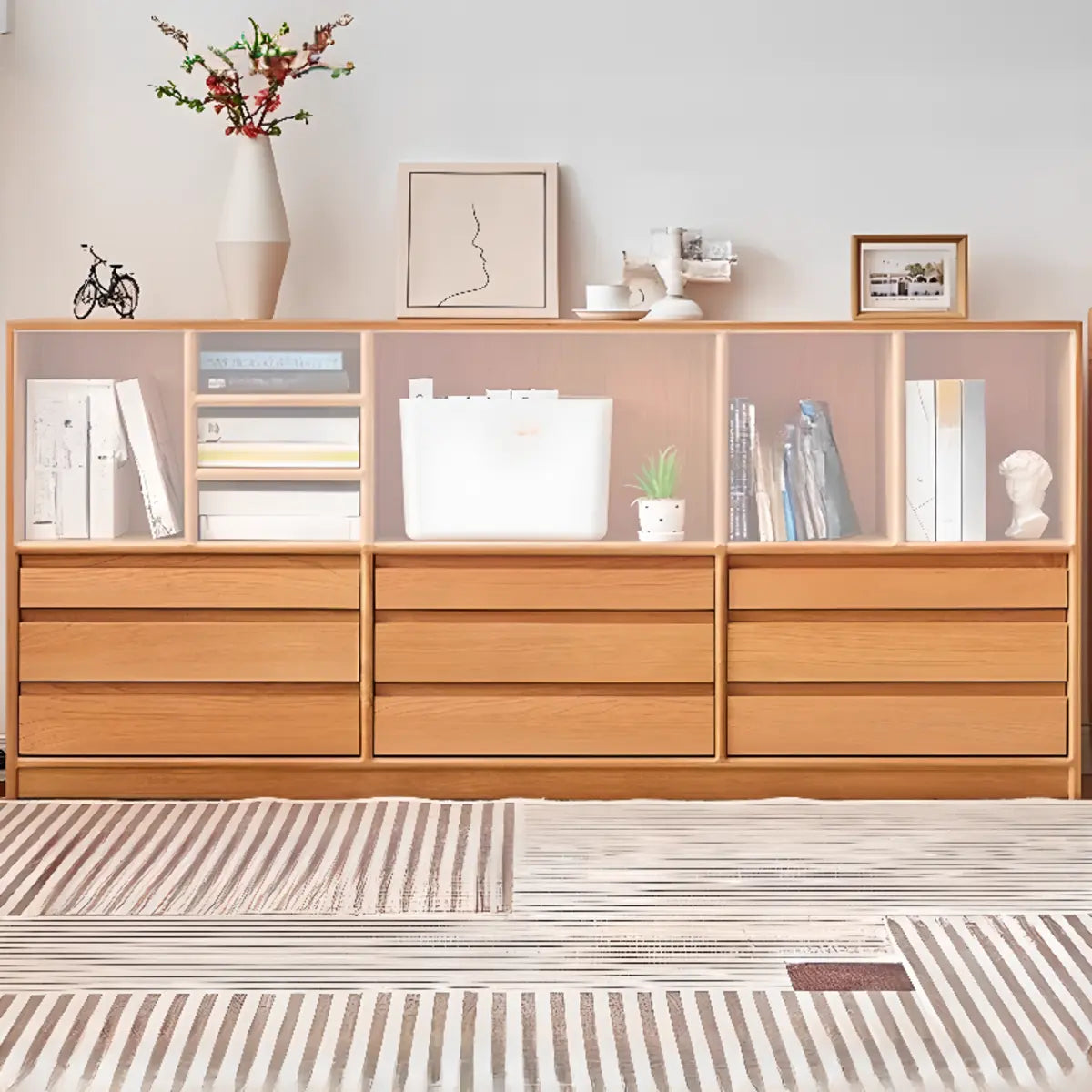 Simple Closed Back Wood Finish Wide Storage Bookcase Image - 6