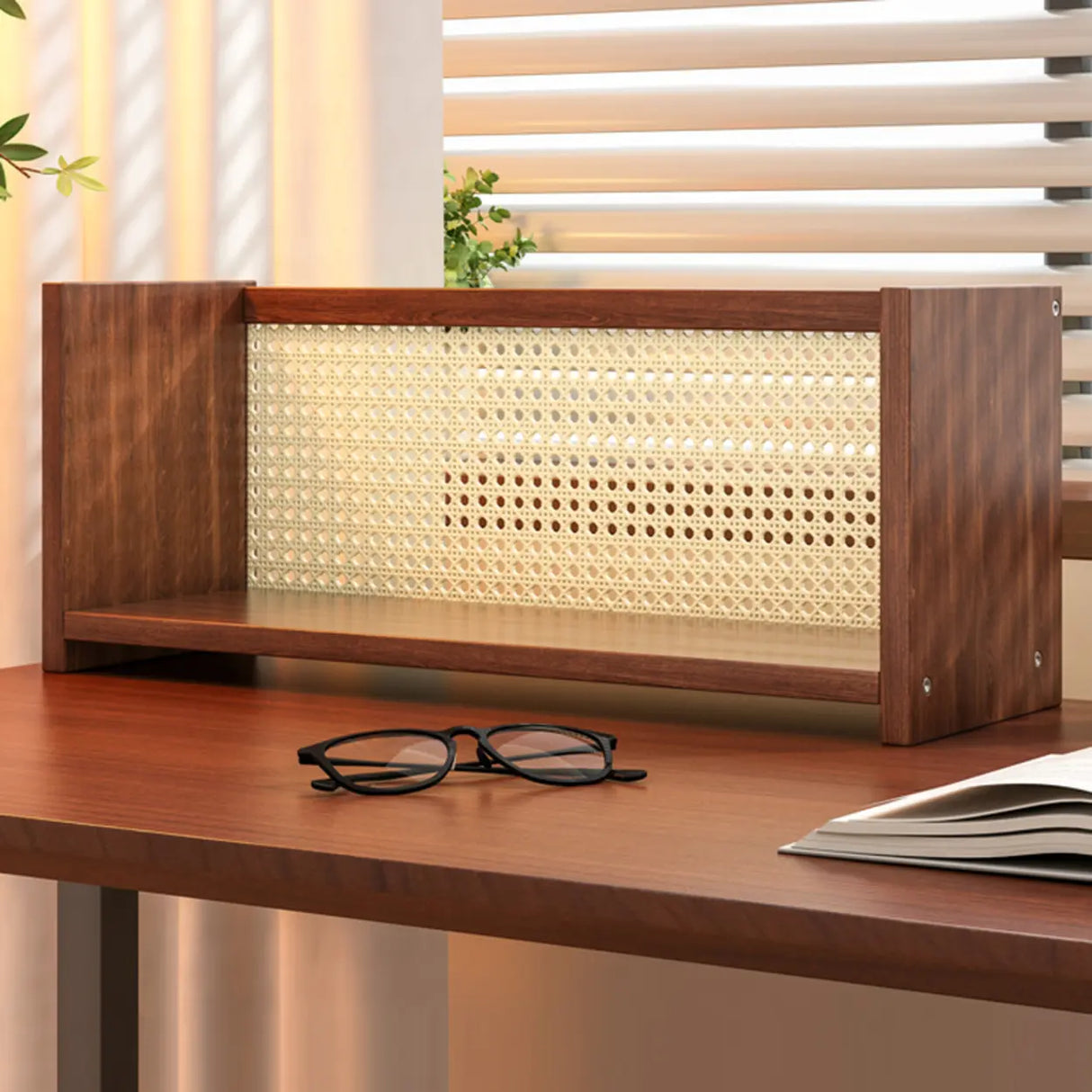 Simple Closed Cane Back Walnut Wood Desktop Bookcase Image - 1