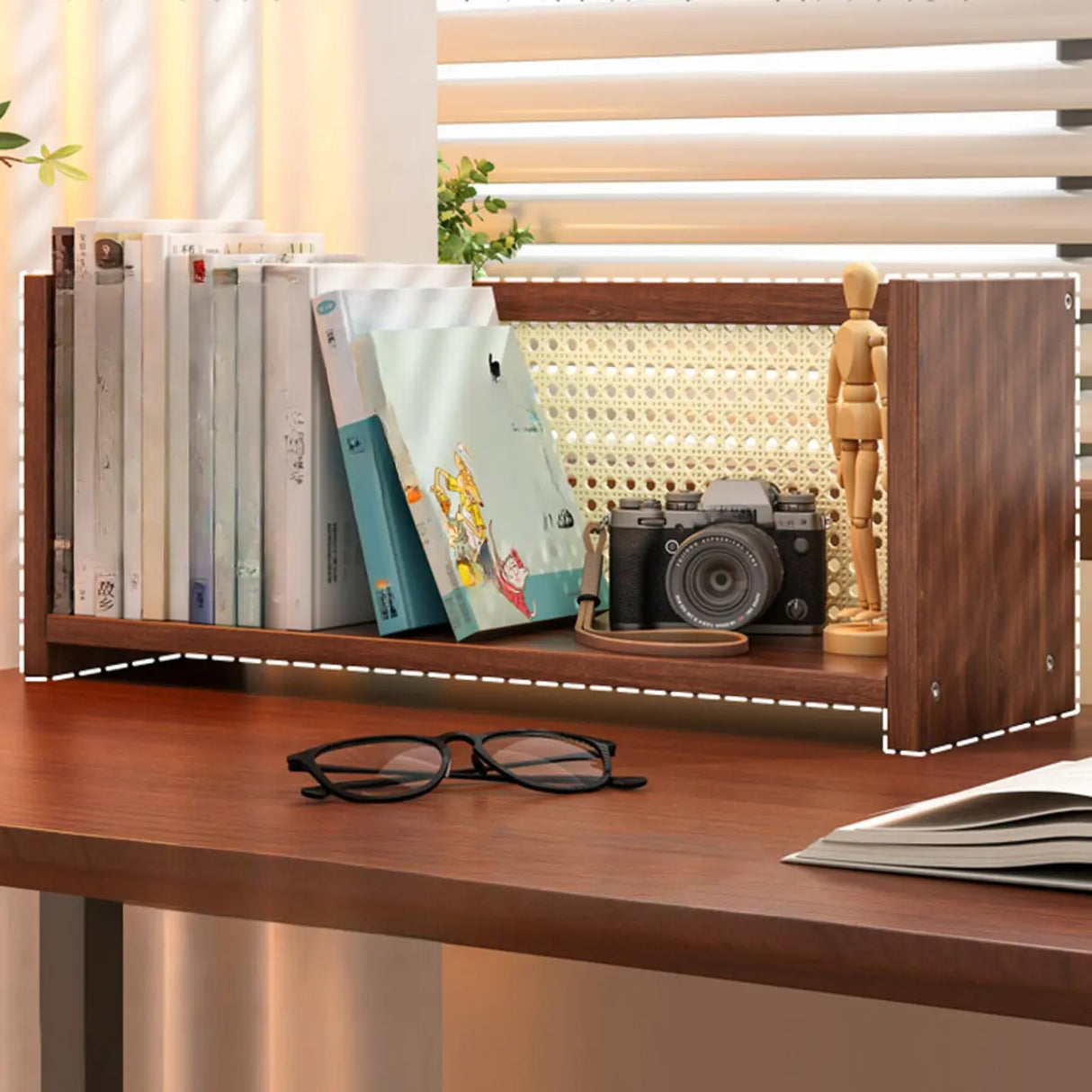 Simple Closed Cane Back Walnut Wood Desktop Bookcase Image - 5