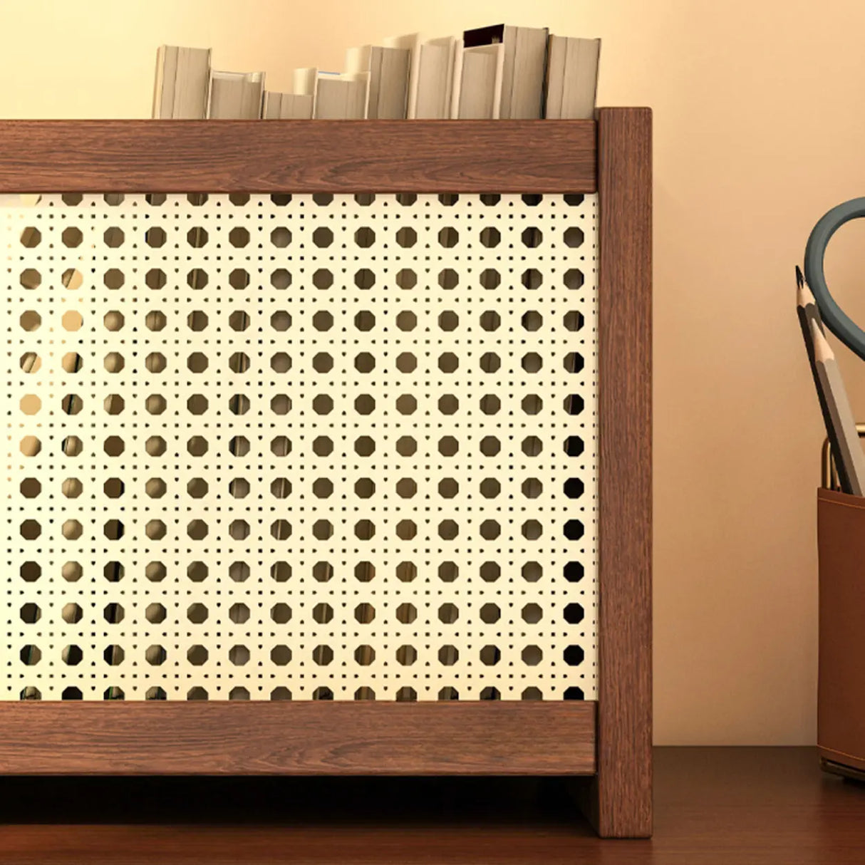 Simple Closed Cane Back Walnut Wood Desktop Bookcase Image - 7