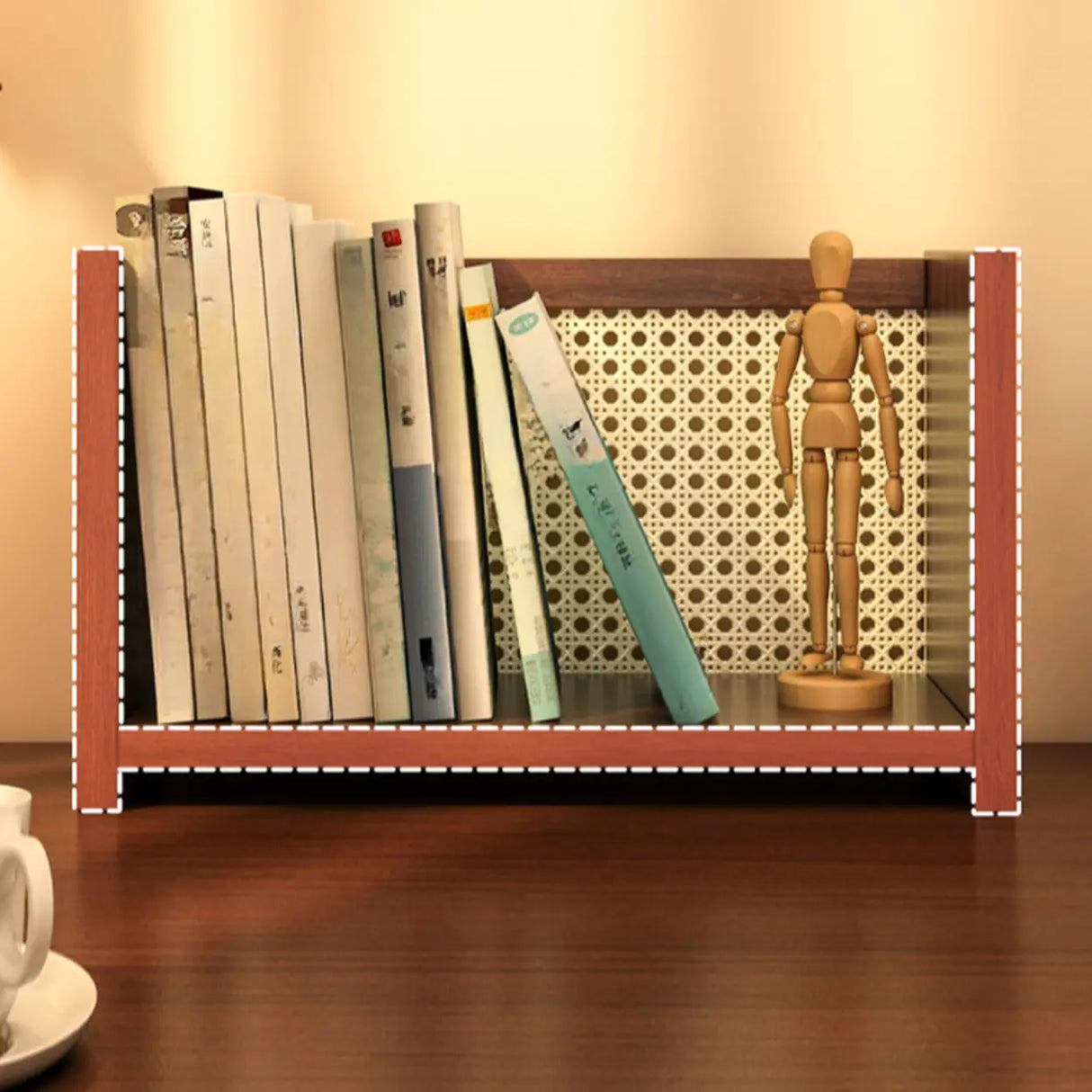 Simple Closed Cane Back Walnut Wood Desktop Bookcase Image - 9
