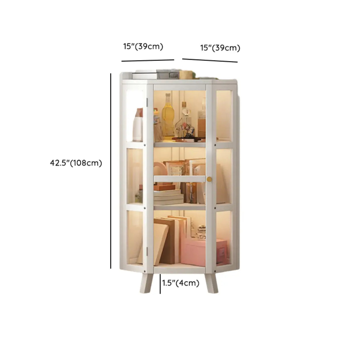 Simple Corner Glass Door White Narrow Display Bookcase 
