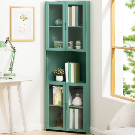 Simple Corner Wooden Green Storage Narrow Bookcase Image - 1