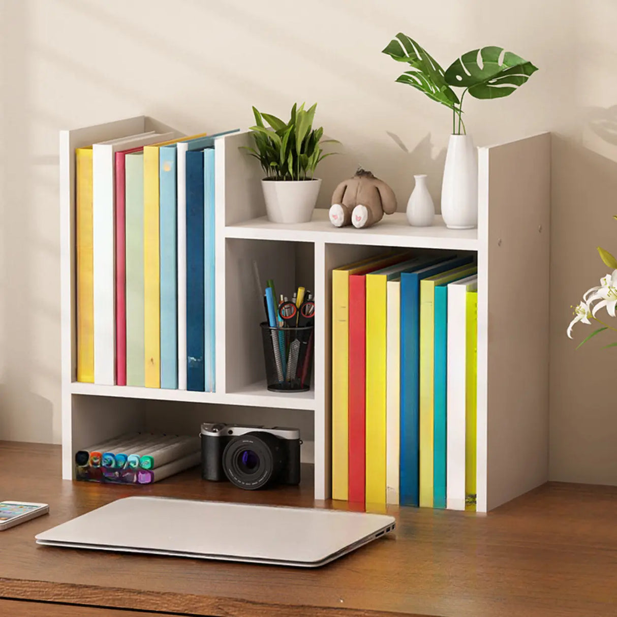 Simple Desktop Small Open White Wood Display Bookcase Image - 7