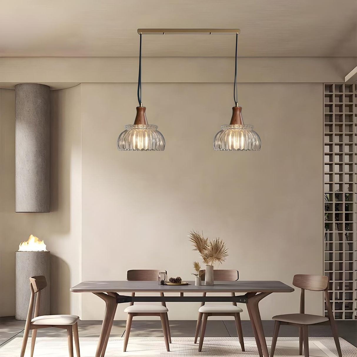 Simple Double Fluted Glass Dome Island Pendant Light Image - 4