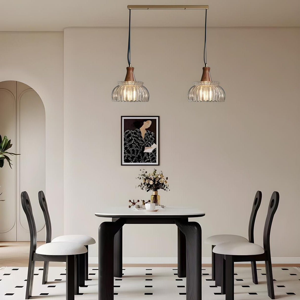 Simple Double Fluted Glass Dome Island Pendant Light Image - 5