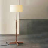 Simple Fabric Cylinder Shade Wooden Base Floor Lamp Image - 1