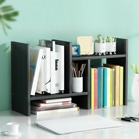 Simple Geometric Black Wood Desk Organizer Bookshelf Image - 1