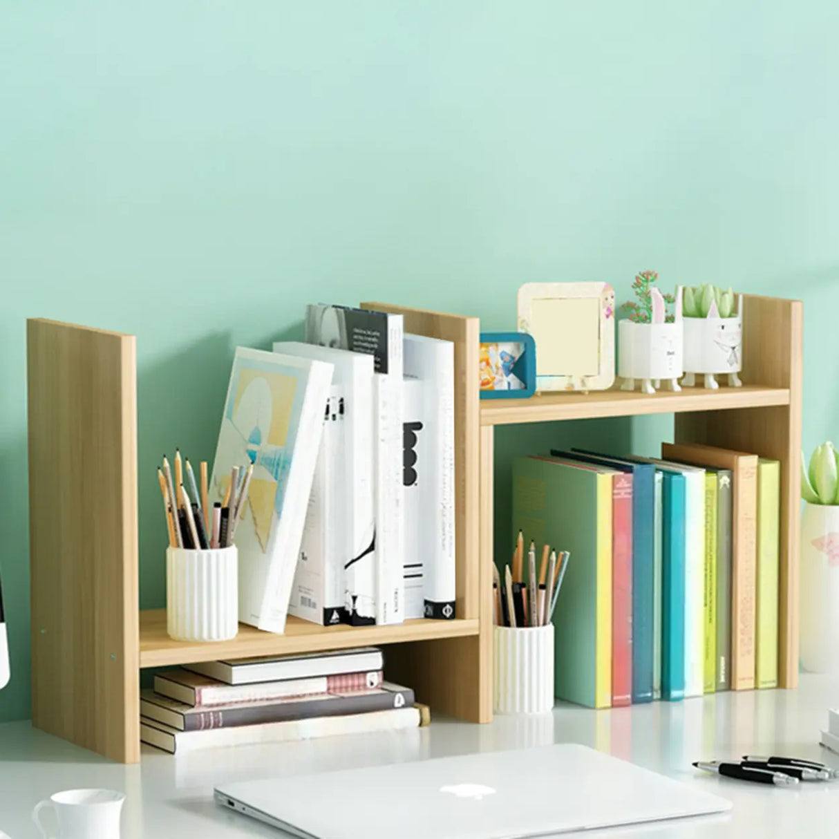 Simple Geometric Black Wood Desk Organizer Bookshelf Image - 11