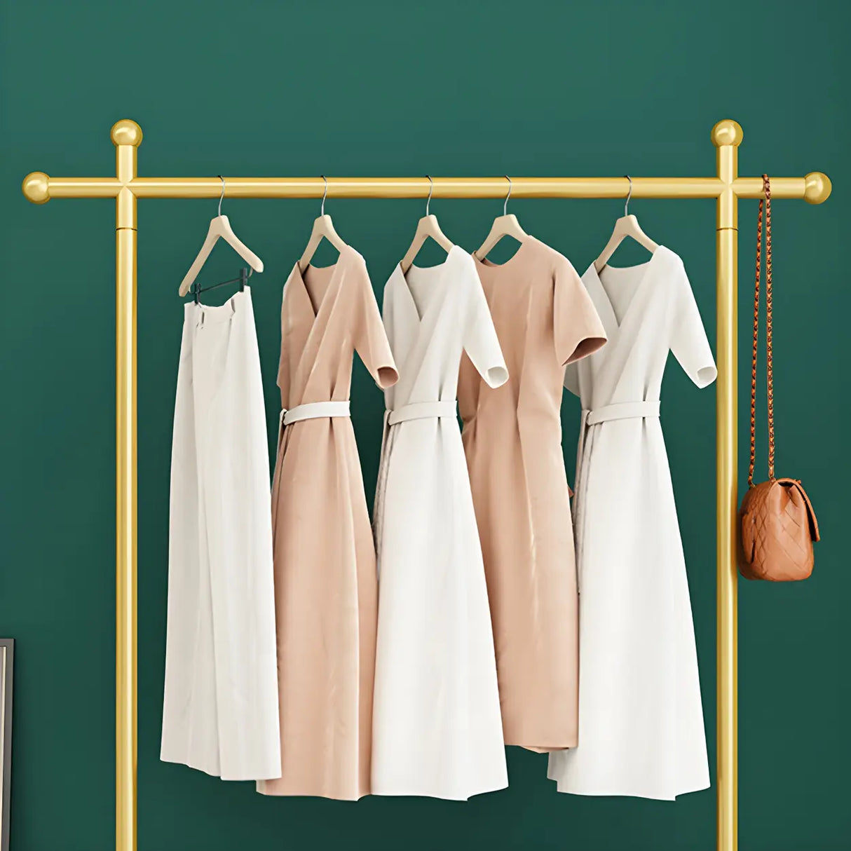 Simple Gold Metal Rolling Coat Rack with Hooks and Casters Image - 6
