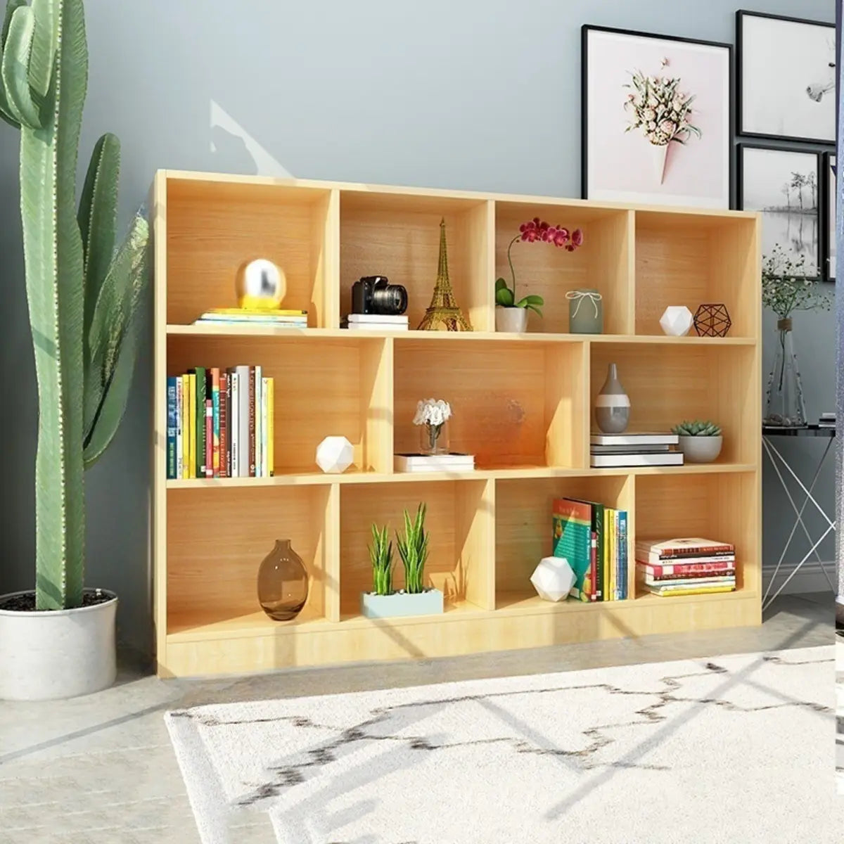 Simple Horizontal Cube Wooden Storage Wide Bookcase Image - 13
