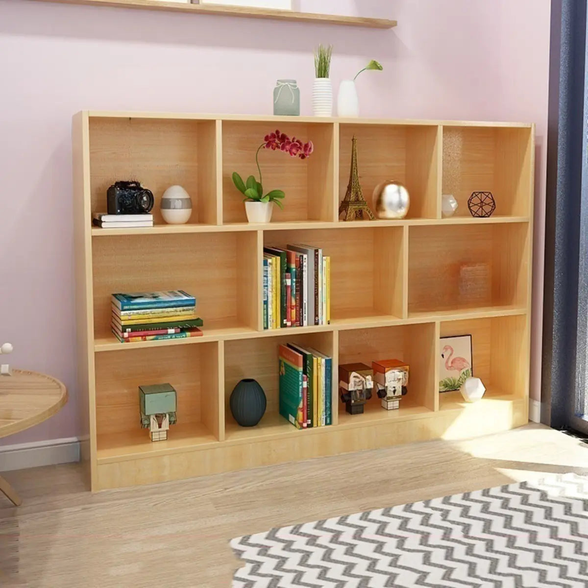 Simple Horizontal Cube Wooden Storage Wide Bookcase Image - 15