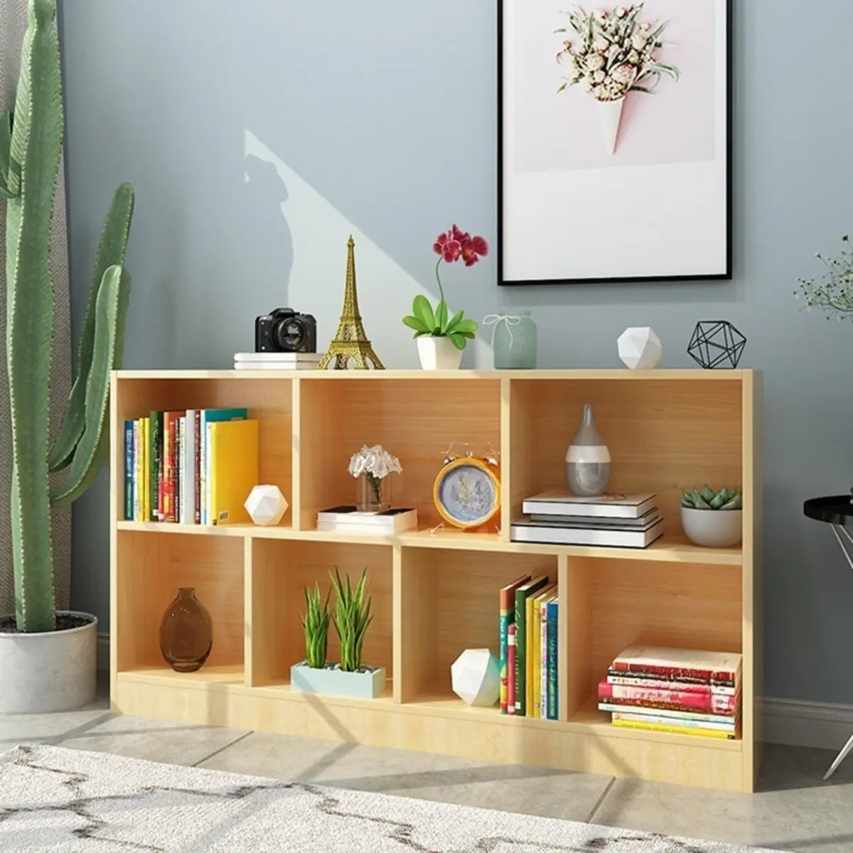 Simple Horizontal Cube Wooden Storage Wide Bookcase Image - 4