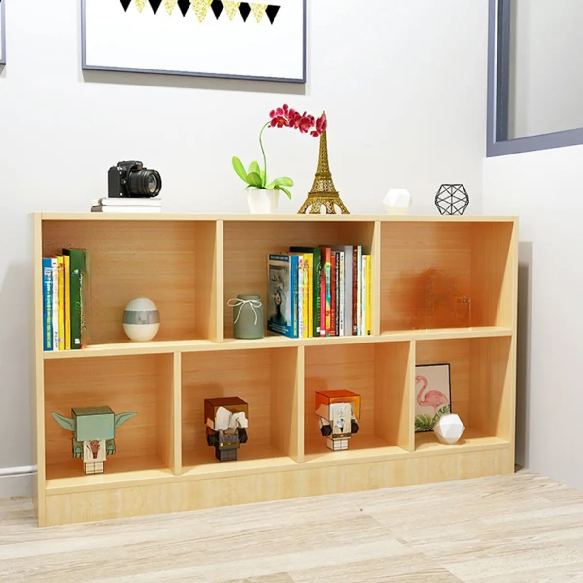 Simple Horizontal Cube Wooden Storage Wide Bookcase Image - 5