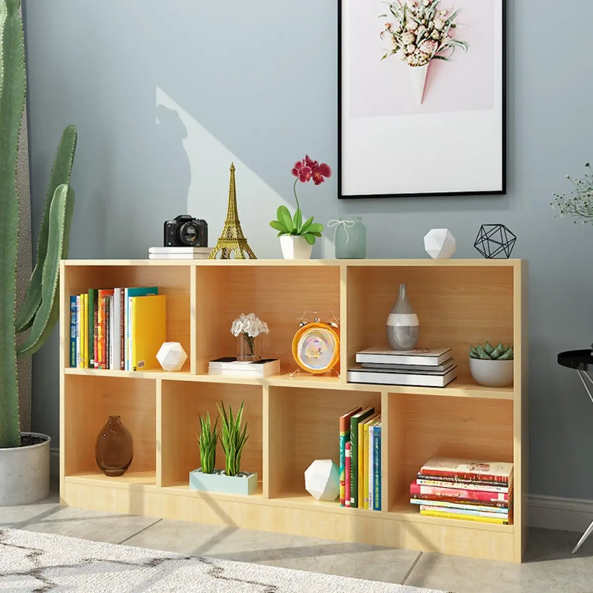 Simple Horizontal Cube Wooden Storage Wide Bookcase Image - 6