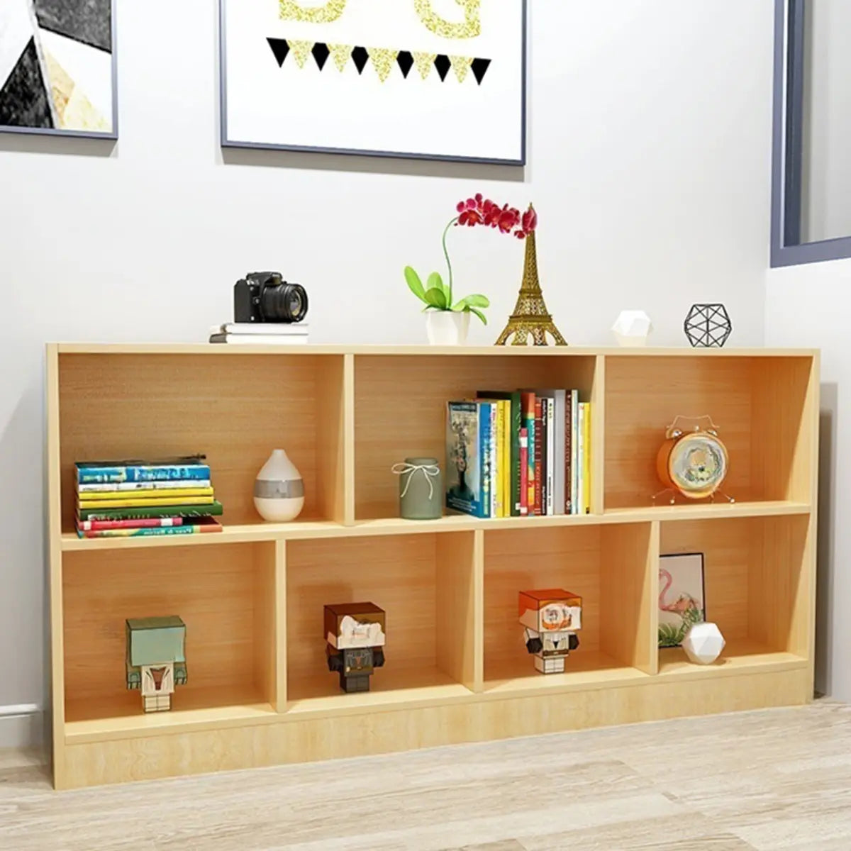 Simple Horizontal Cube Wooden Storage Wide Bookcase Image - 7