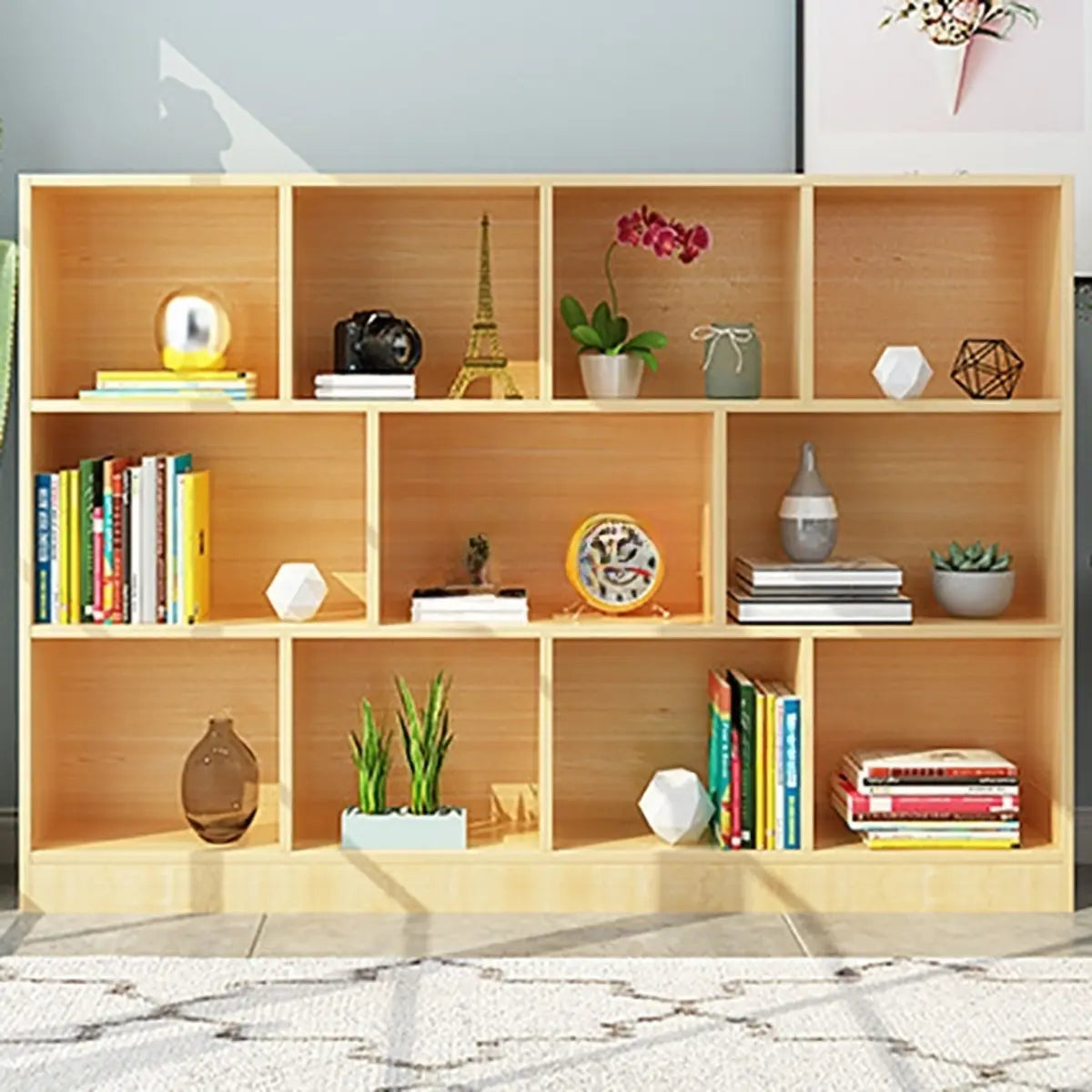 Simple Horizontal Cube Wooden Storage Wide Bookcase Image - 8