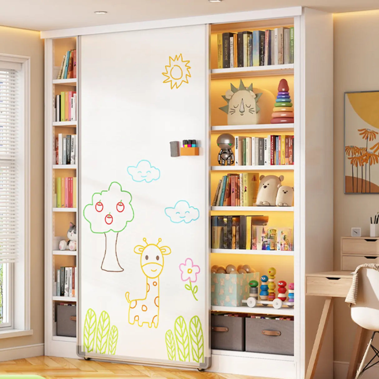 Simple Kids Room Chalk White Vertical Metal Bookcase Image - 11