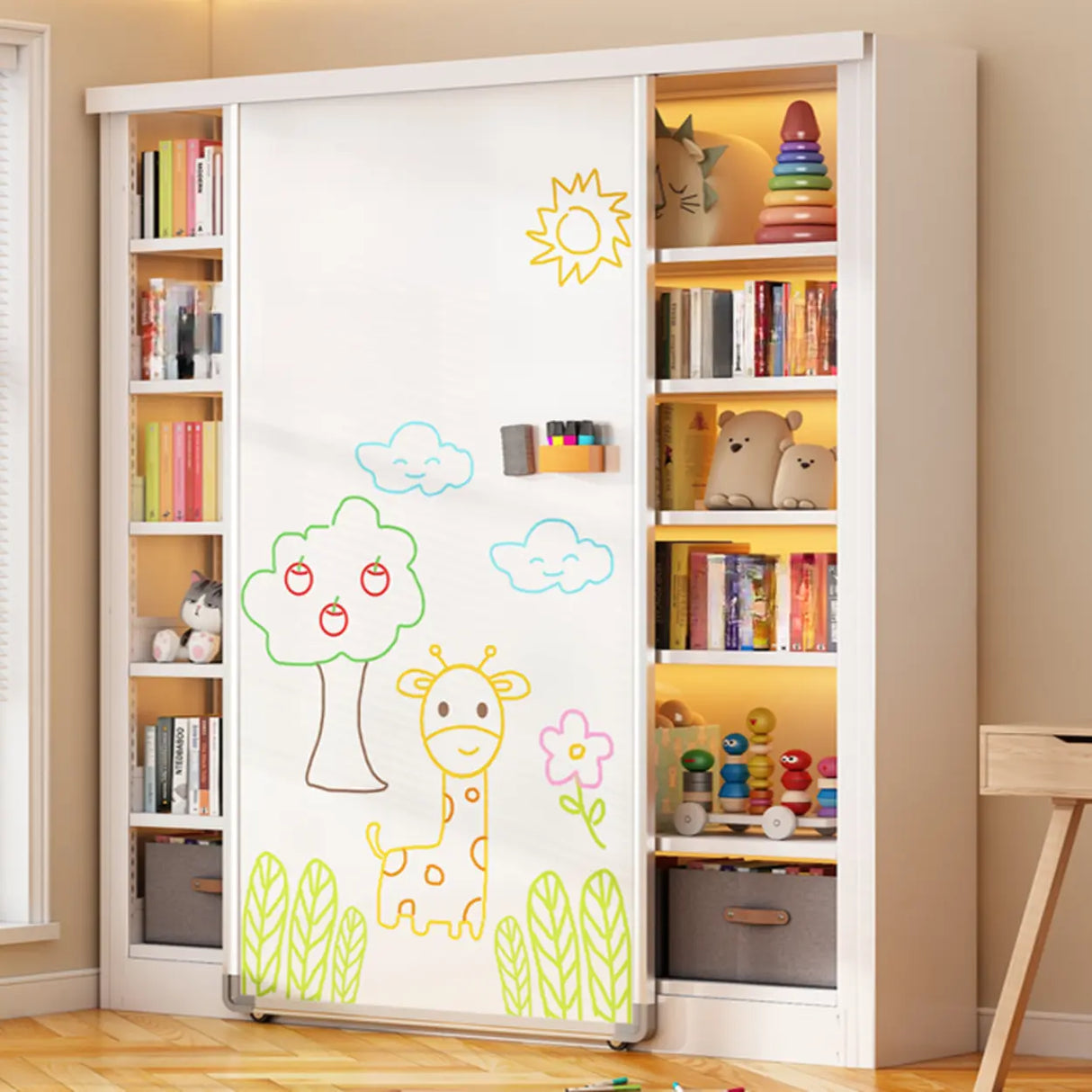 Simple Kids Room Chalk White Vertical Metal Bookcase Image - 3
