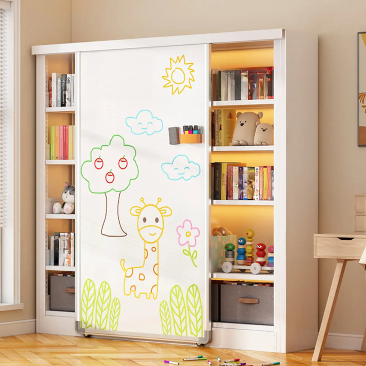 Simple Kids Room Chalk White Vertical Metal Bookcase Image - 5