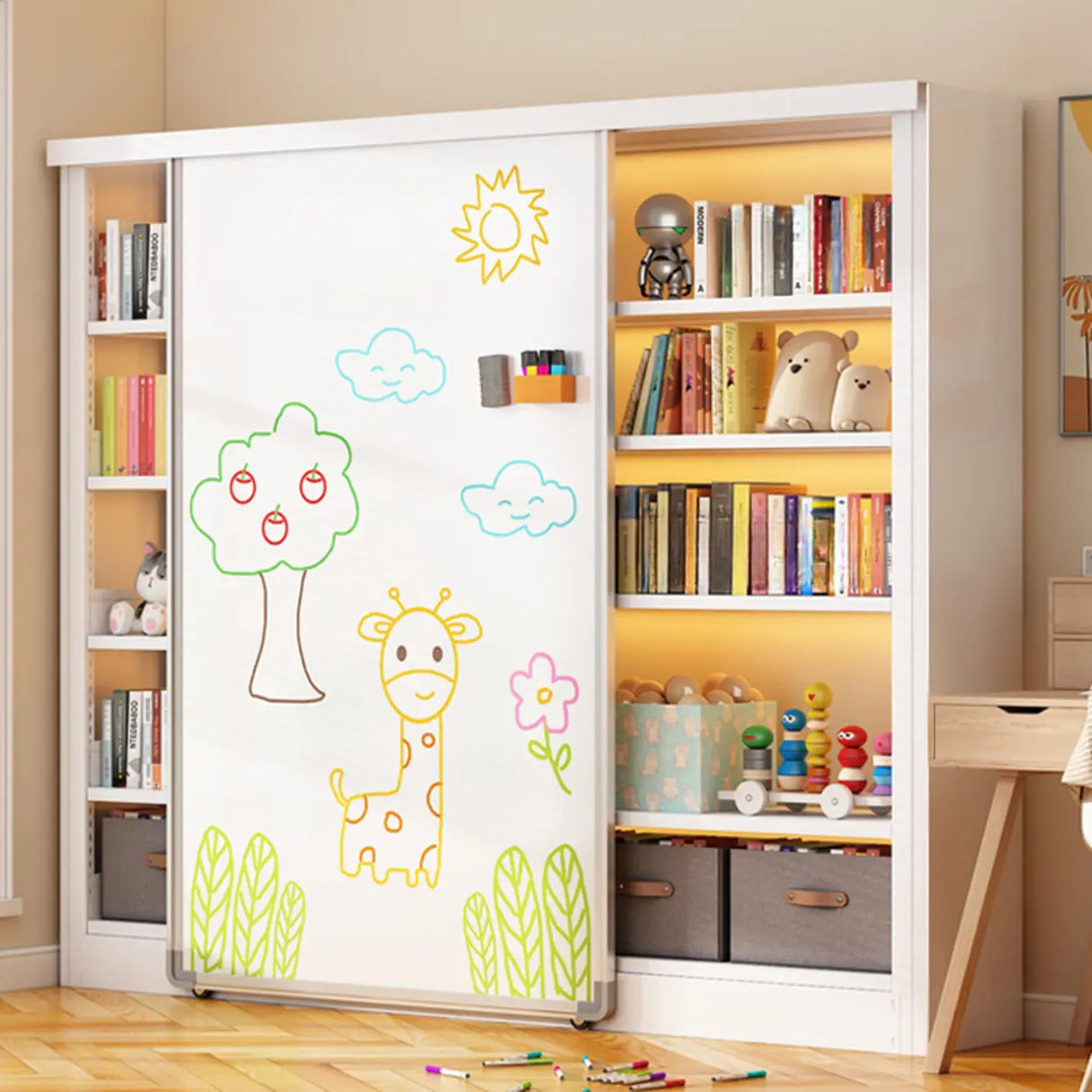 Simple Kids Room Chalk White Vertical Metal Bookcase Image - 7
