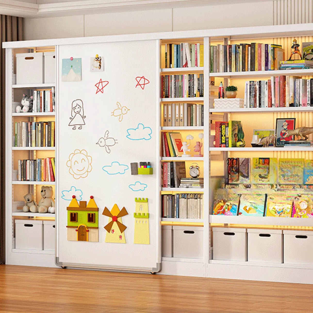 Simple Kids Room Chalk White Vertical Metal Bookcase Image - 8