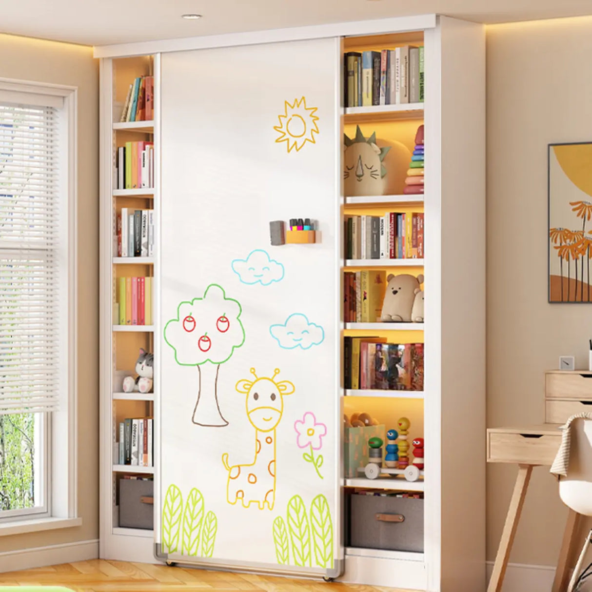 Simple Kids Room Chalk White Vertical Metal Bookcase Image - 9