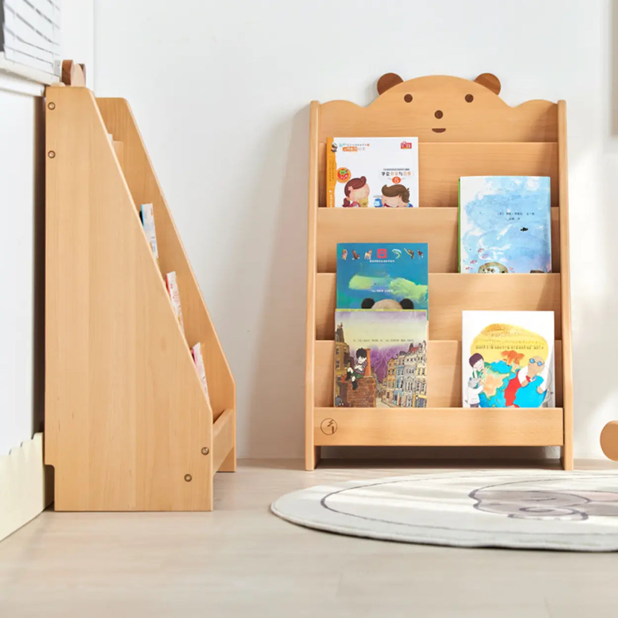 Simple Kids Wood Bear Natural Finish Ladder Bookcase Image - 4