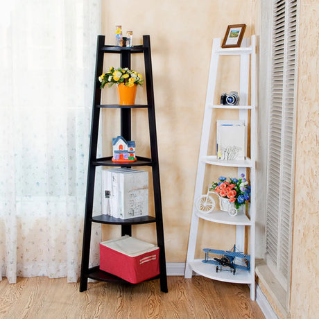Simple Ladder Corner Open Tiered Small Wood Bookcase Image - 1