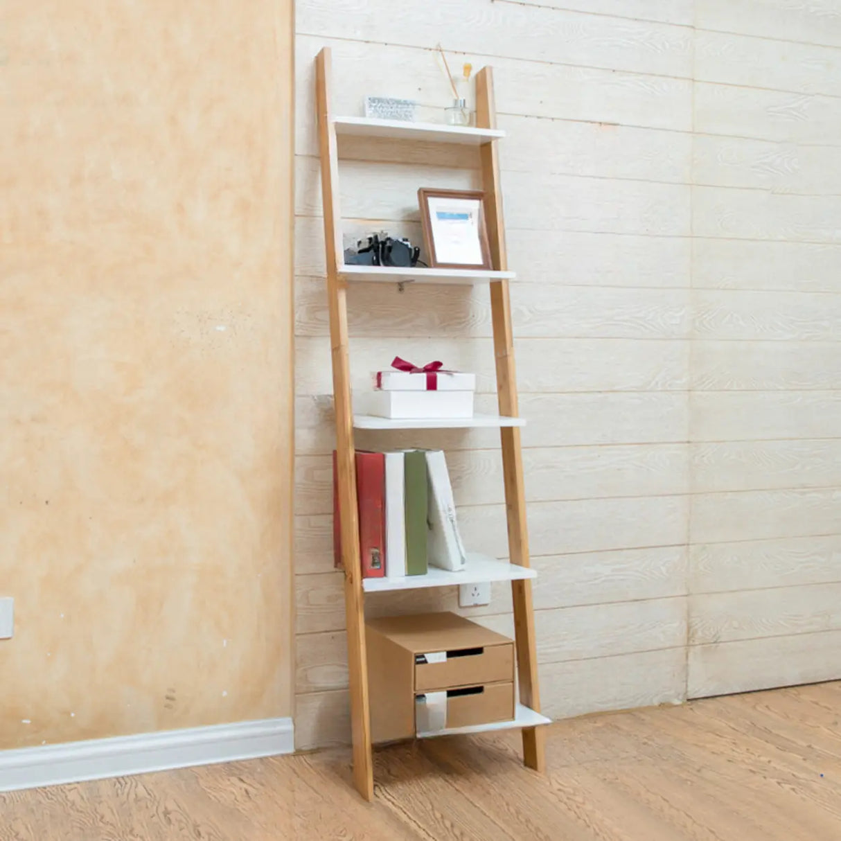 Simple Ladder Corner Open Tiered Small Wood Bookcase Image - 11