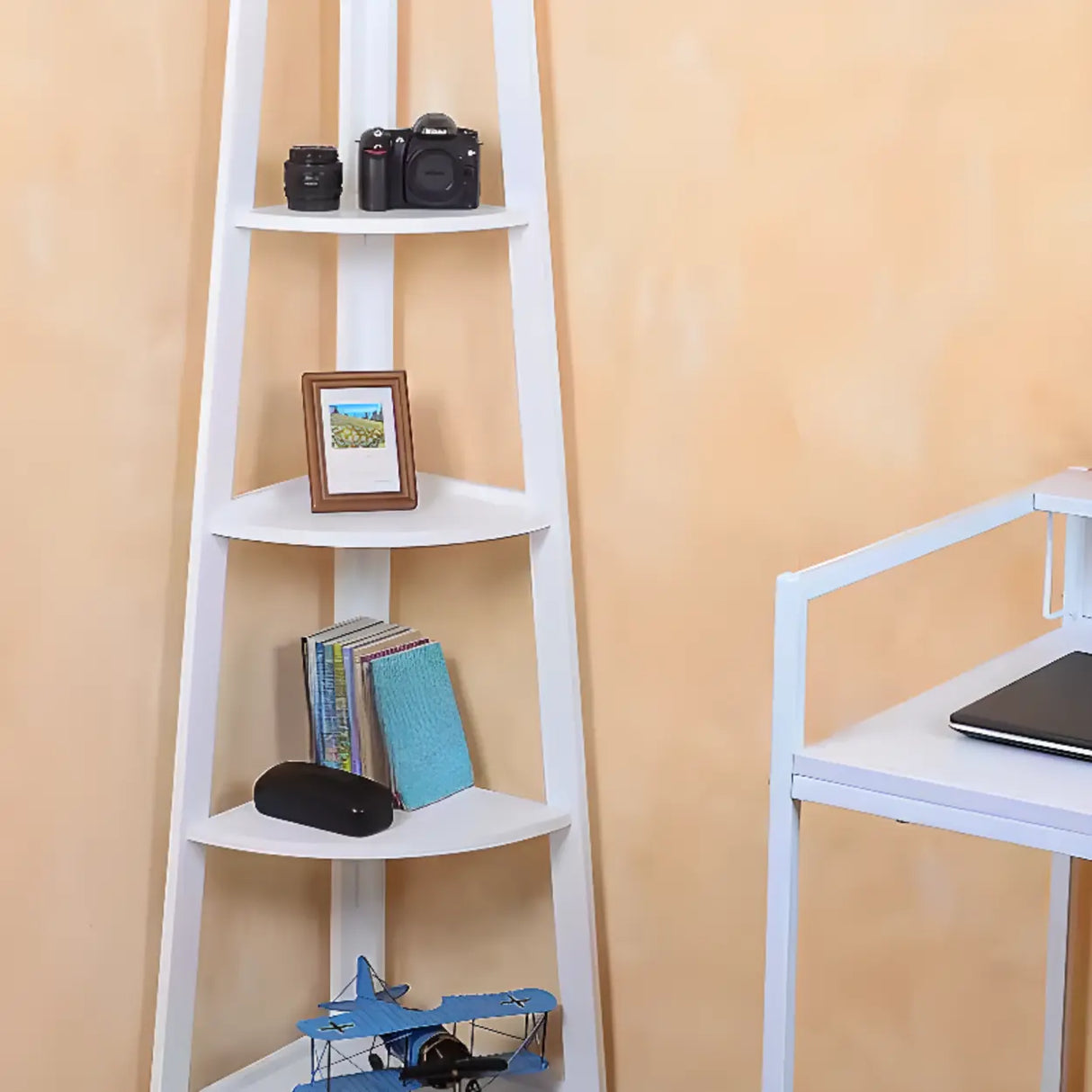 Simple Ladder Corner Open Tiered Small Wood Bookcase Image - 13