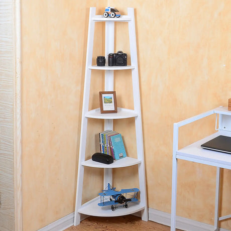 Simple Ladder Corner Open Tiered Small Wood Bookcase Image - 2