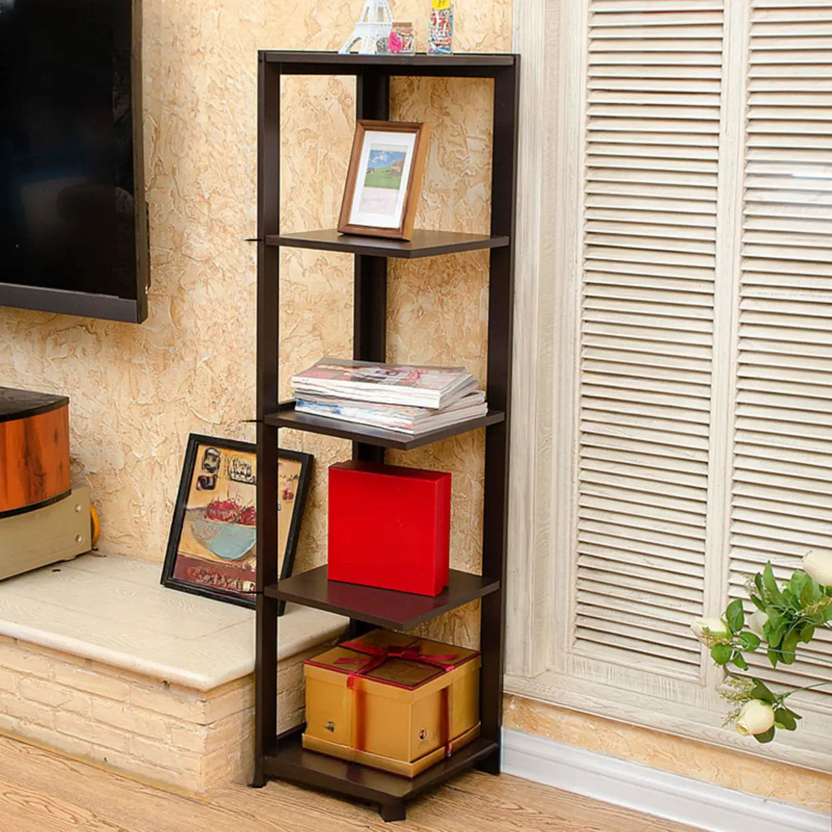Simple Ladder Corner Open Tiered Small Wood Bookcase Image - 3