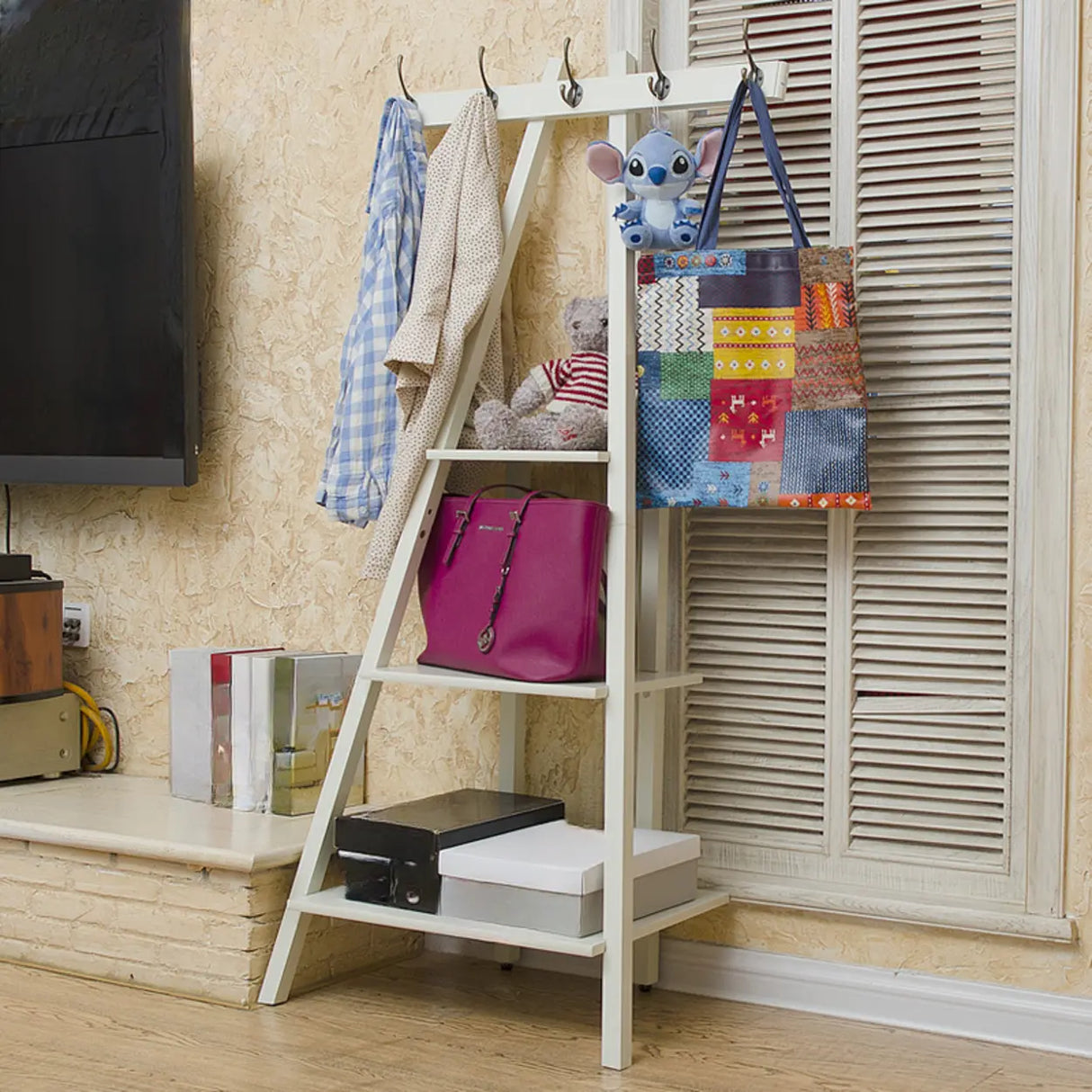 Simple Ladder Corner Open Tiered Small Wood Bookcase Image - 5