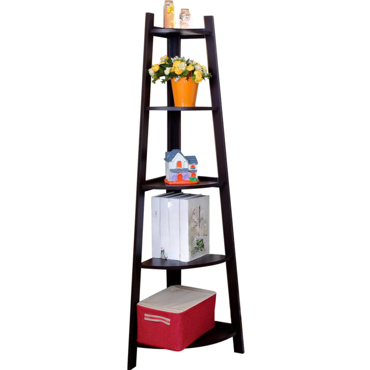 Simple Ladder Corner Open Tiered Small Wood Bookcase Image - 6