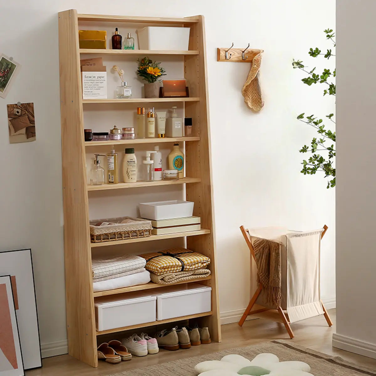 Simple Ladder Natural Wood Open Back Storage Bookshelf Image - 8