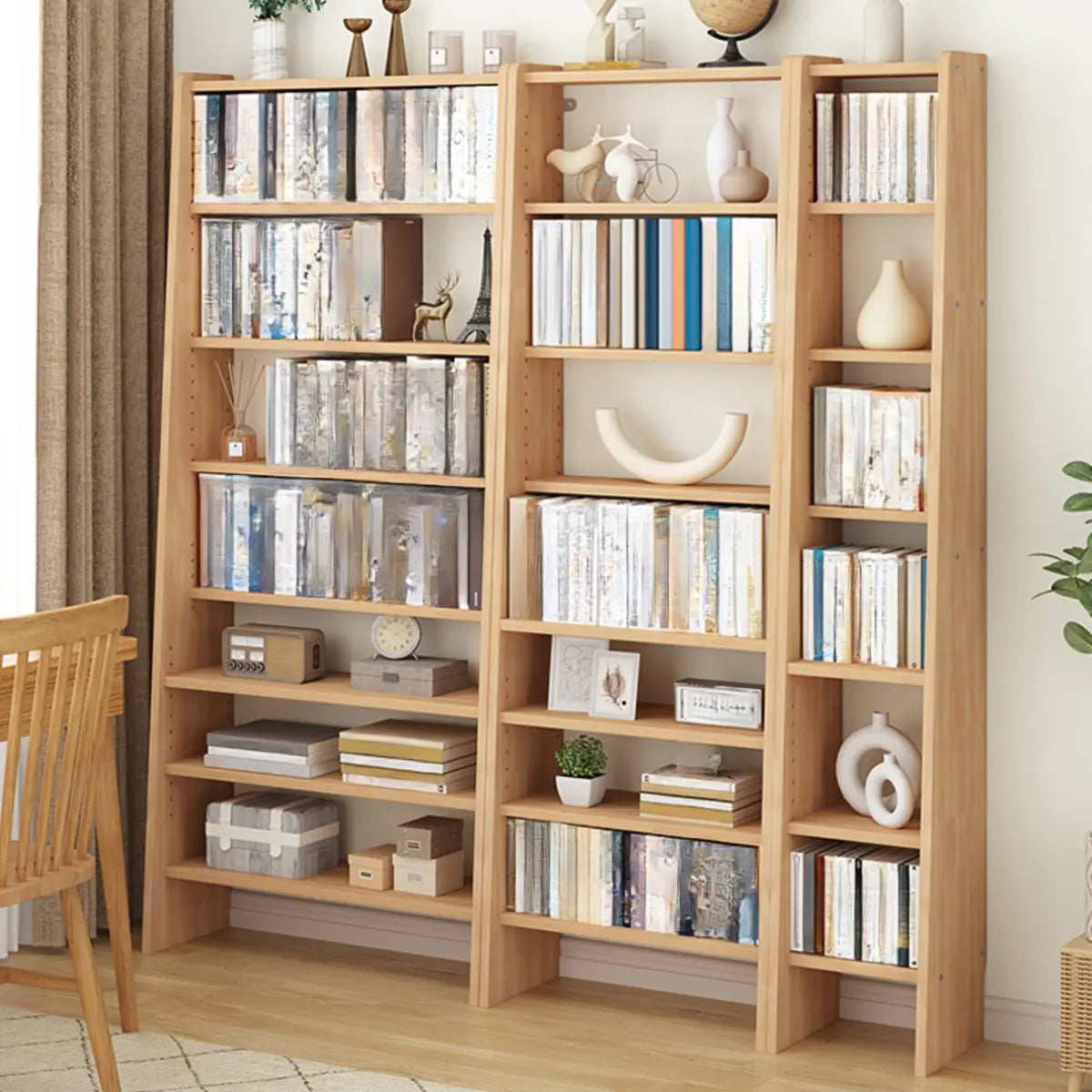 Simple Ladder-Style Adjustable Shelves Pine Bookcase Image - 1